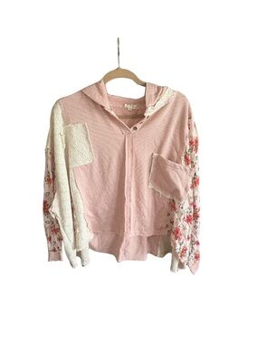 Pol Patchwork Hoodie Floral Thermal Knit Pink Cottagecore Top L